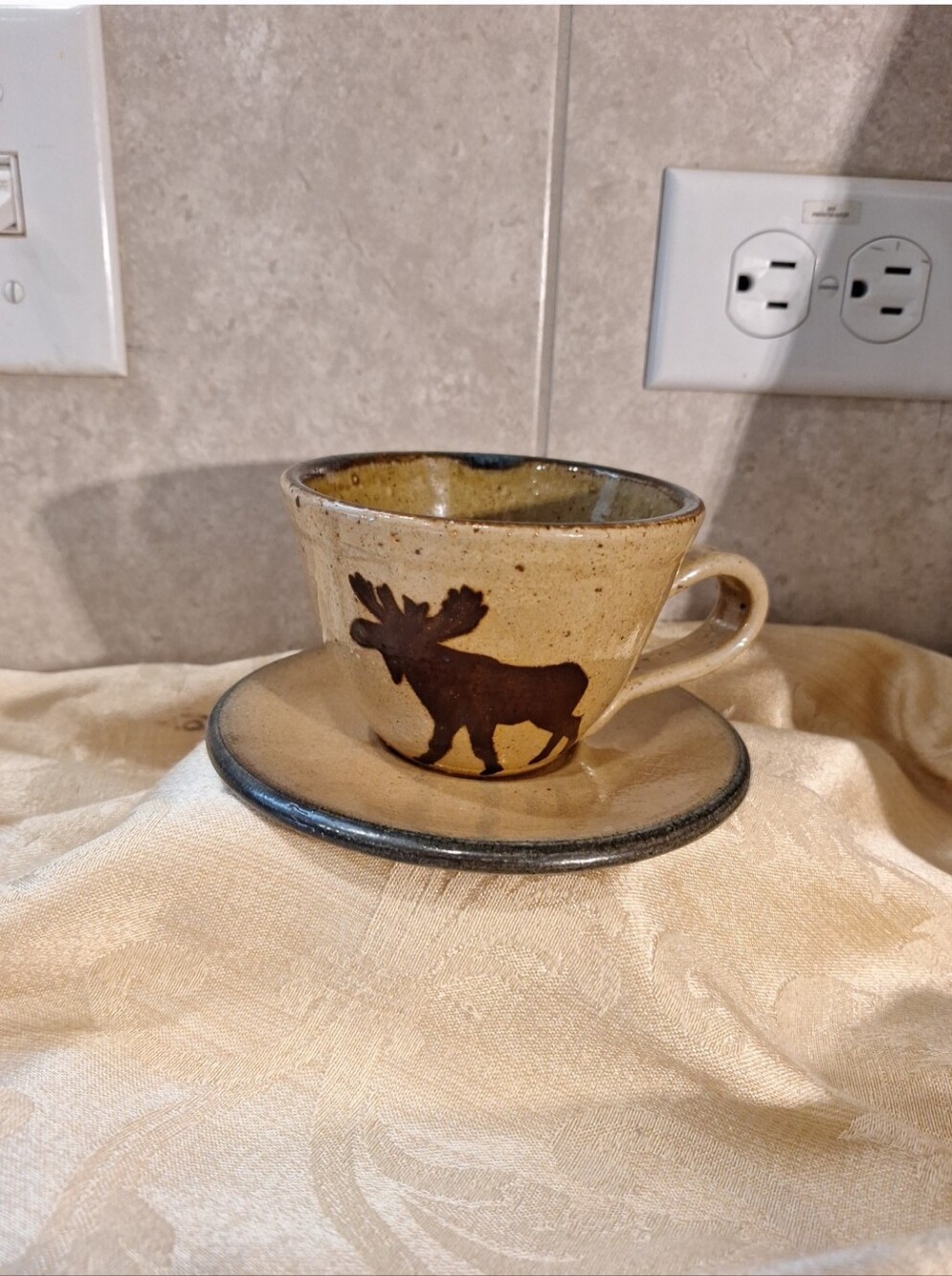Monroe Salt Works Rustic Moose Stoneware Teacup and Saucer - Beige/Brown